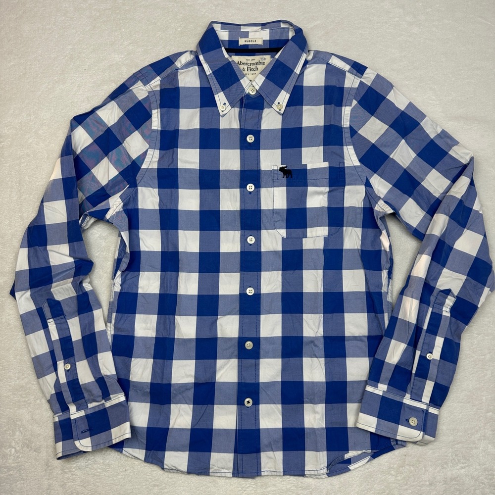 Abercrombie Fitch Kids Blue White Gingham Plaid Button Up Shirt Muscle Fit Sz S